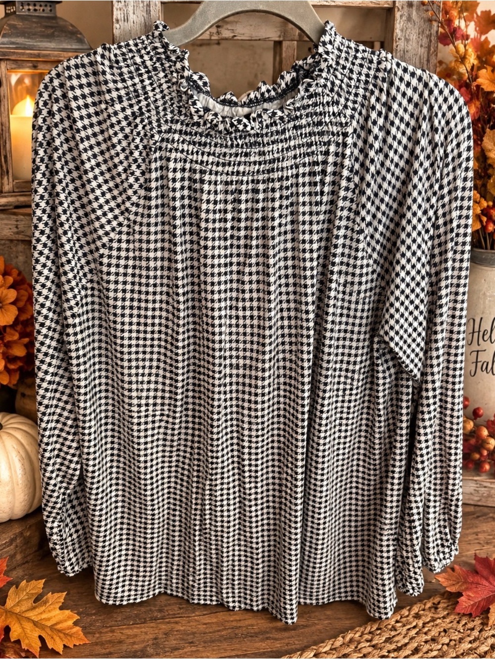 LOFT Black and White Houndstooth Smocked-Neck Blouse